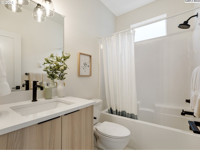 full bathroom with vanity, shower / bathtub combination with curtain, and toilet