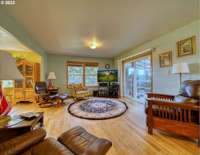 living room featuring light wood-type flooring and a textured ceiling