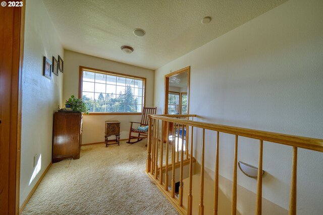 hallway featuring a textured ceiling and light colored carpet