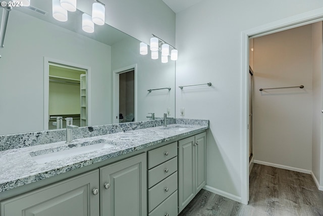 bathroom with vanity, hardwood / wood-style flooring, and a shower with door