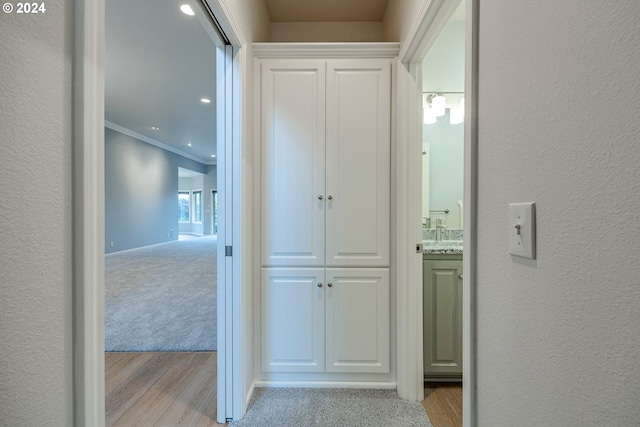 hall with light colored carpet and crown molding