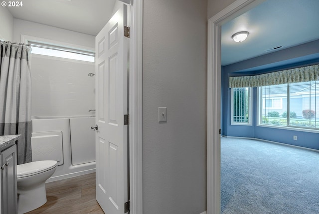 full bathroom featuring a wealth of natural light, vanity, shower / bath combo, and toilet