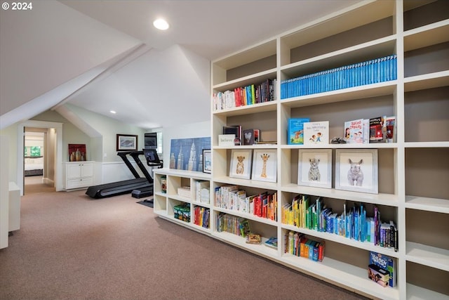 game room featuring carpet flooring and vaulted ceiling