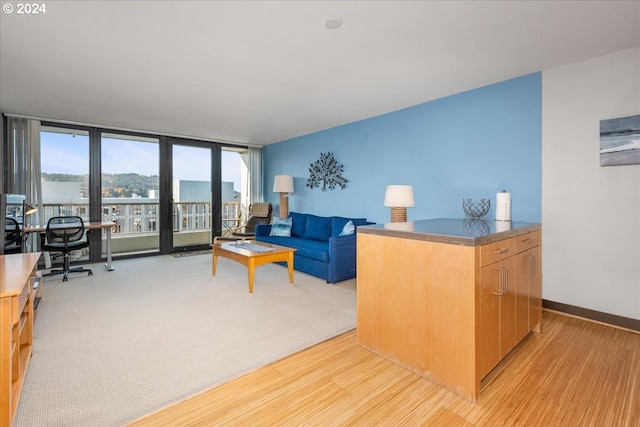 carpeted living room featuring a water view and a wall of windows