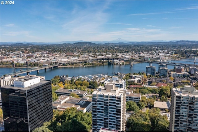 bird's eye view featuring a water and mountain view