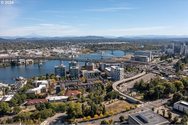 birds eye view of property featuring a water and mountain view