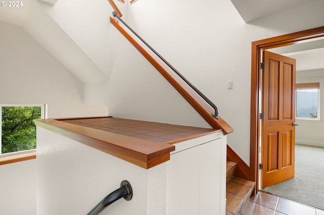 staircase with lofted ceiling and carpet floors