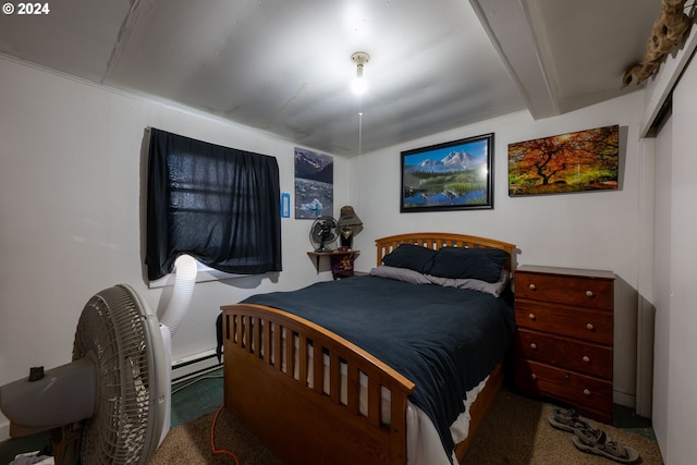 carpeted bedroom featuring beamed ceiling and a baseboard heating unit