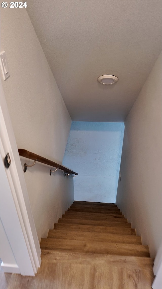 staircase with hardwood / wood-style flooring