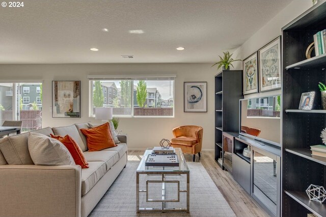 living room with a textured ceiling and light hardwood / wood-style floors