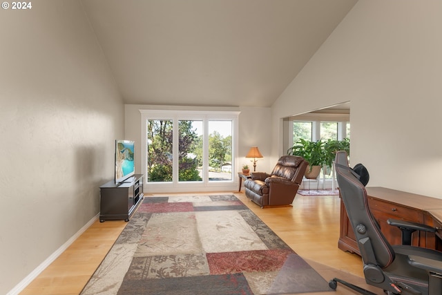 office space featuring light wood-type flooring, plenty of natural light, and high vaulted ceiling