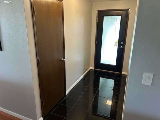 doorway featuring plenty of natural light and dark tile patterned floors