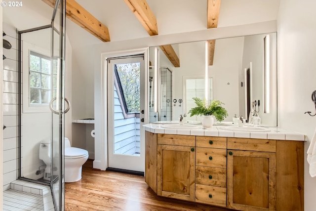 bathroom with beam ceiling, hardwood / wood-style flooring, toilet, and a healthy amount of sunlight