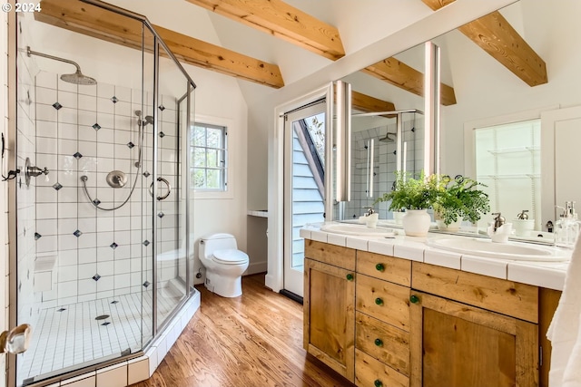 bathroom with wood-type flooring, vanity, toilet, and an enclosed shower