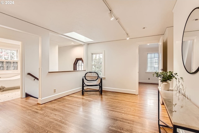 unfurnished room featuring wood-type flooring, a skylight, and track lighting