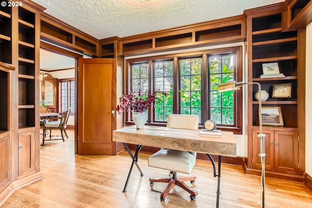 office area with a textured ceiling and light hardwood / wood-style floors