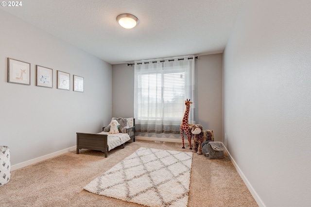 living area with a textured ceiling and carpet floors