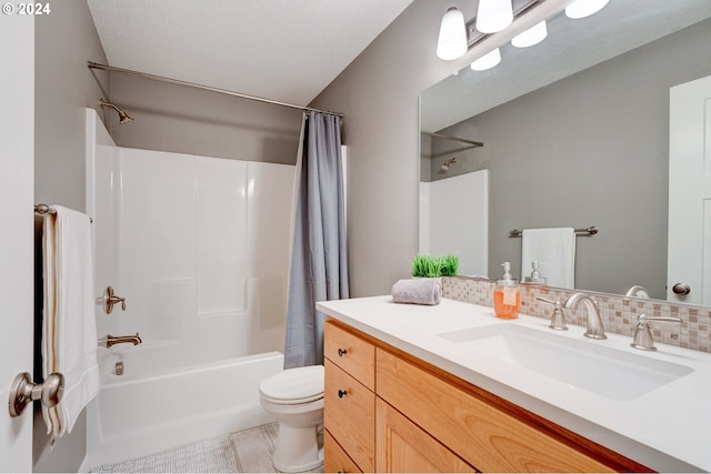 full bathroom with shower / tub combo, decorative backsplash, vanity, and toilet