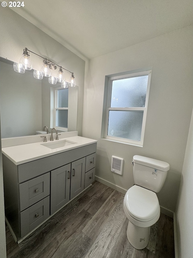 bathroom featuring vanity, wood-type flooring, and toilet