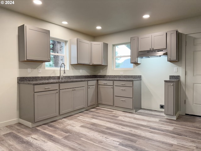 kitchen with gray cabinets and light wood-type flooring