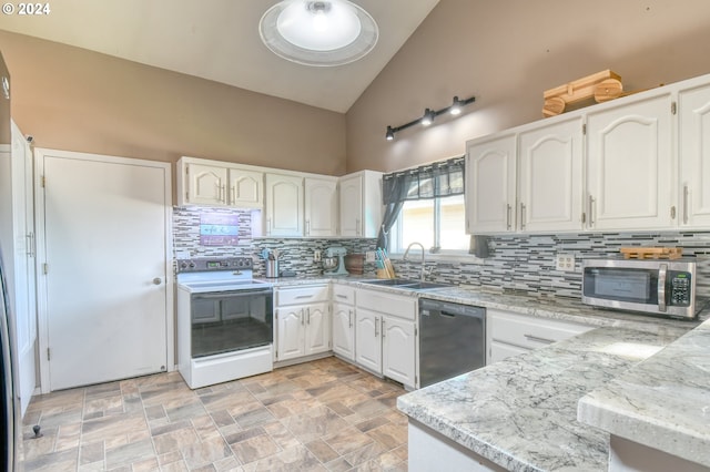 kitchen with light stone counters, white cabinets, sink, dishwasher, and white range with electric cooktop