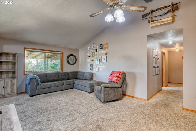 carpeted living room with ceiling fan, a textured ceiling, and vaulted ceiling