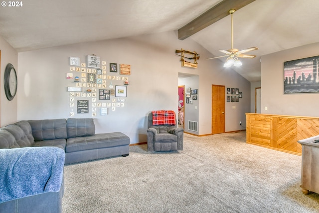 living room with vaulted ceiling with beams, carpet, wood walls, and ceiling fan