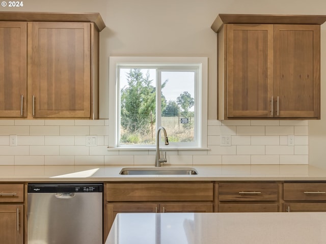 kitchen with sink, tasteful backsplash, and stainless steel dishwasher