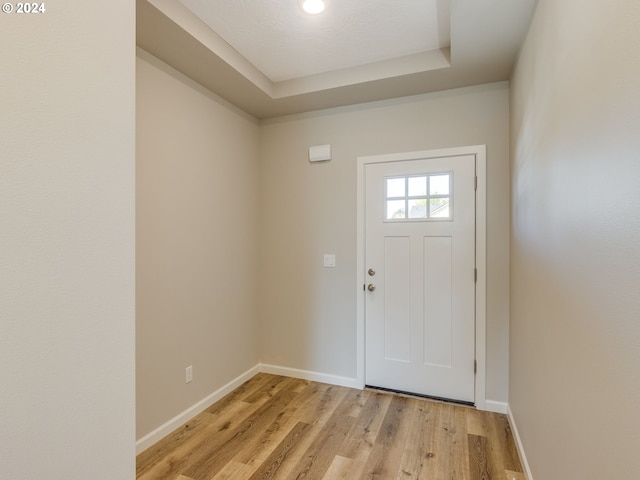 foyer featuring light wood-type flooring and a raised ceiling