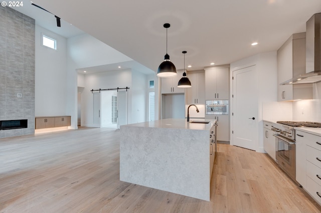 kitchen featuring a sink, stainless steel appliances, light wood-style floors, a barn door, and wall chimney range hood