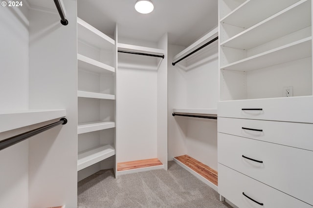 walk in closet featuring light carpet