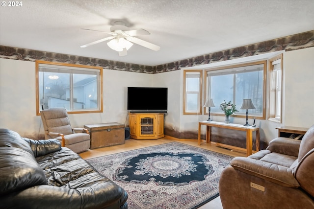 living room with hardwood / wood-style flooring and ceiling fan