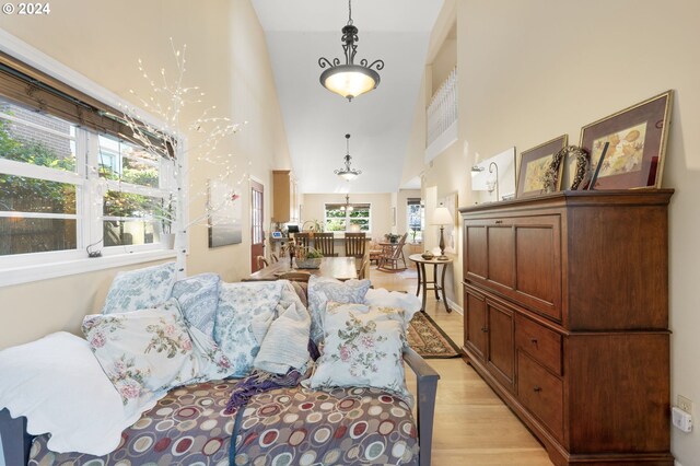 living room with light hardwood / wood-style floors and high vaulted ceiling