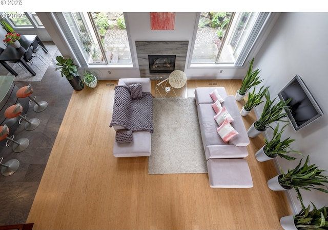 living room with a high end fireplace and hardwood / wood-style flooring