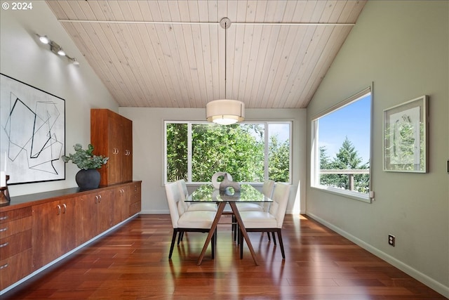 dining space with lofted ceiling, dark hardwood / wood-style flooring, and wooden ceiling