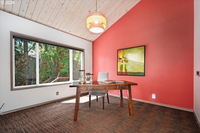 carpeted home office featuring high vaulted ceiling and wooden ceiling