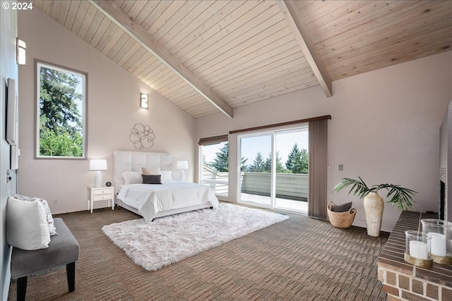 bedroom featuring beamed ceiling, access to exterior, wood ceiling, and dark colored carpet