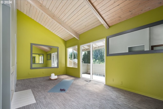 unfurnished sunroom featuring vaulted ceiling with beams and wood ceiling