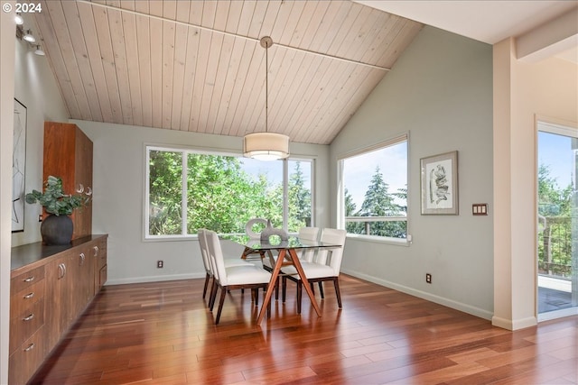 dining area featuring dark hardwood / wood-style flooring, wood ceiling, and lofted ceiling