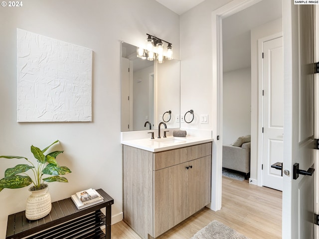 bathroom with oversized vanity and wood-type flooring