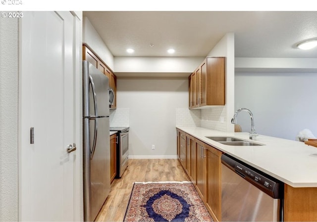 kitchen with sink, stainless steel appliances, tasteful backsplash, kitchen peninsula, and light hardwood / wood-style floors