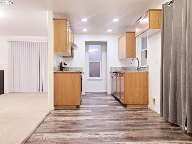 kitchen featuring dark hardwood / wood-style flooring, light stone countertops, sink, and range