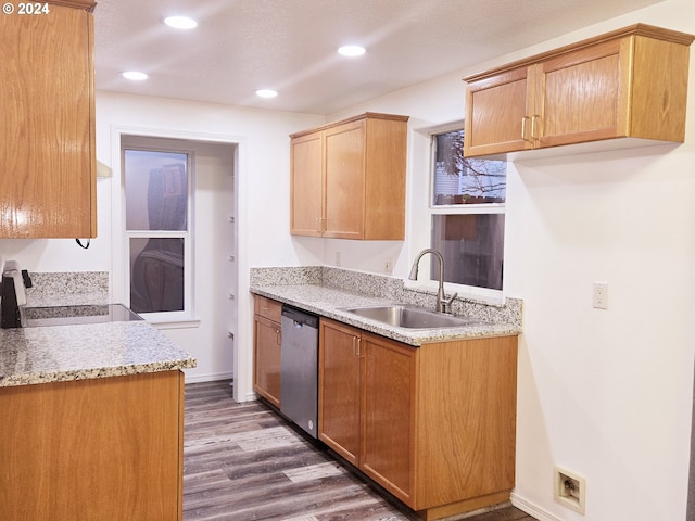 kitchen with stainless steel dishwasher, dark hardwood / wood-style floors, light stone counters, and sink