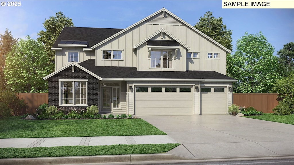 craftsman-style home featuring concrete driveway, board and batten siding, a front yard, and fence