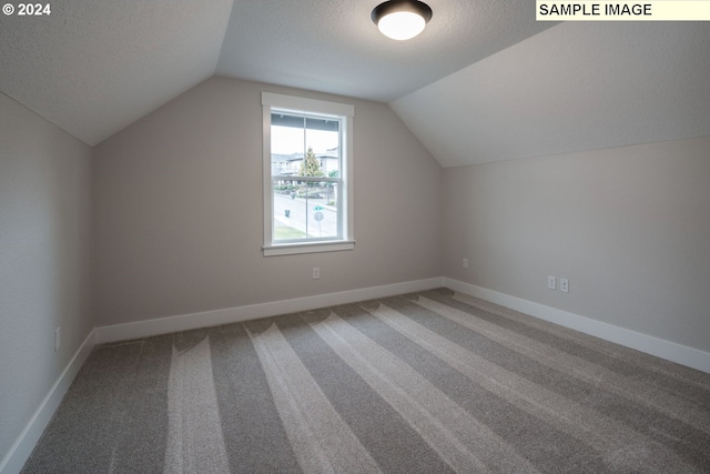 additional living space with carpet flooring, lofted ceiling, and a textured ceiling