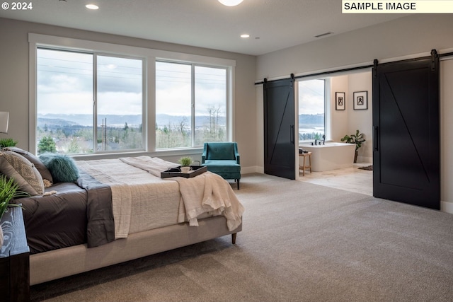 carpeted bedroom featuring a barn door, a mountain view, and multiple windows