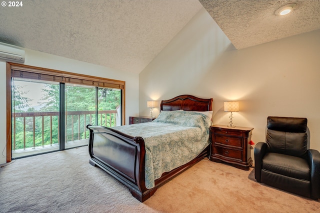 carpeted bedroom featuring access to exterior, lofted ceiling, a textured ceiling, and a wall unit AC