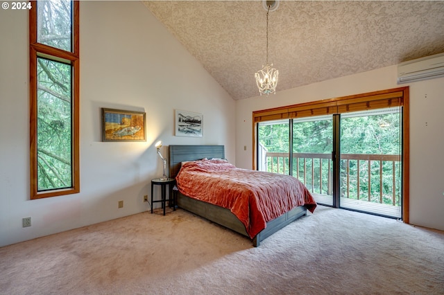 bedroom with carpet flooring, access to exterior, an inviting chandelier, high vaulted ceiling, and an AC wall unit