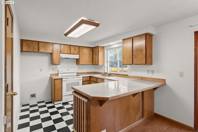 kitchen featuring kitchen peninsula, white range with electric stovetop, and sink