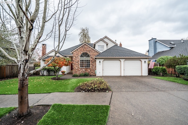 view of front of house featuring a garage and a front lawn